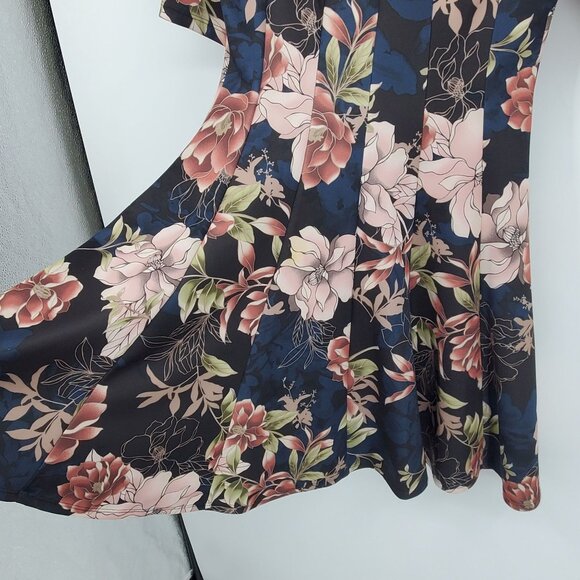 Roz & Ali Navy Blue and Floral Print Cutout Front Pleated Skirt Dress Size 10 - Picture 5 of 8